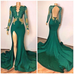 Evening Dresses For Over 56, Green Long Sleeves V Neck Lace Mermaid Prom Dress