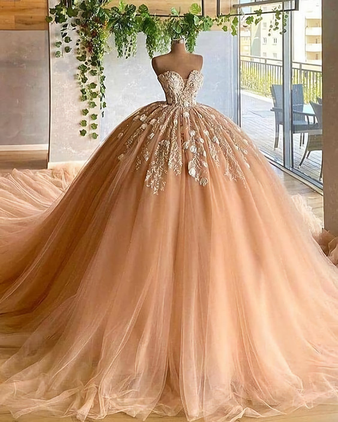 Prom Dress Beautiful, Applique Tulle Pleated Sweetheart Champagne Ball Gown Evening Dress