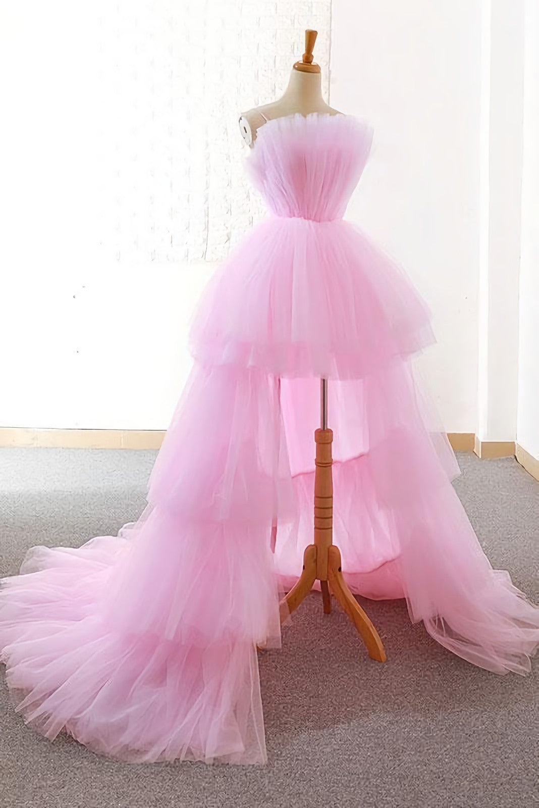 Evening Dress Knee Length, Pink Tulle Long Prom Dress, Pink Tulle Evening Dress