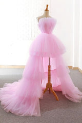 Evening Dress Knee Length, Pink Tulle Long Prom Dress, Pink Tulle Evening Dress