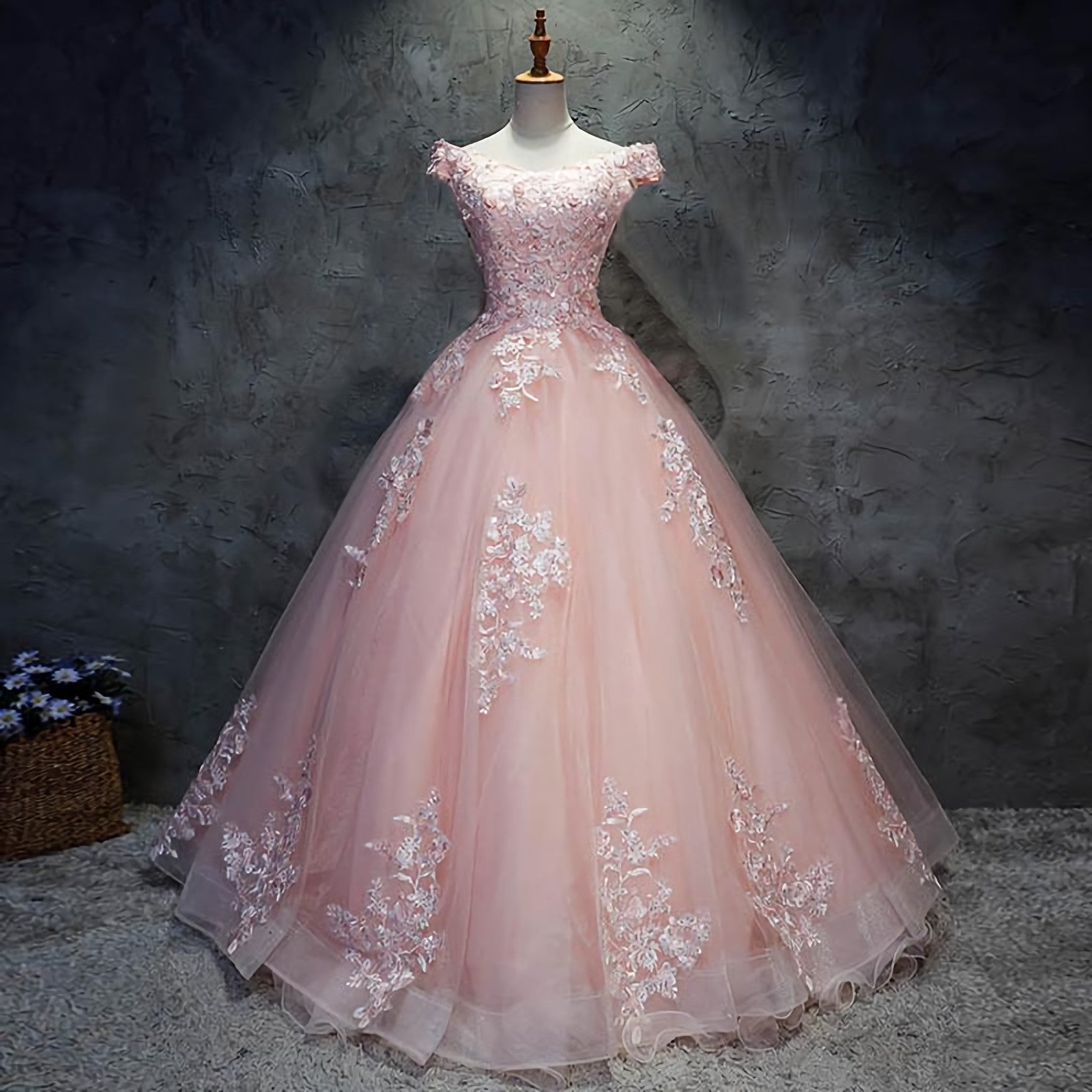 Sundress, Pink Cap Sleeves Ball Gown Tulle With Lace Sweet 16 Prom Dresses, Long Quinceanera Dresses