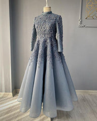 Evening Dresses For Party, Modest Blue Prom Dresses, Lace Emroidery Evening Dress