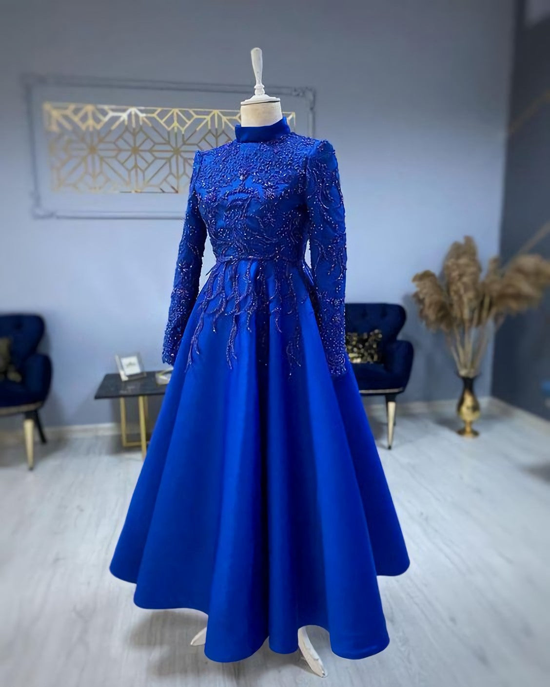 Evening Dresses Stunning, Modest Blue Prom Dresses, Lace Emroidery Evening Dress