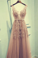 Evening Dress Prom, Lace Prom Dresses, Champagne Tulle Bridesmaid Dresses, Appliques