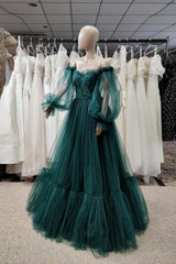 Prom Dresses 2019, Pretty Green Lace Prom Dresses, Puff Long Sleeves Off The Shoulder Lace Appliques Tulle Ball Gown