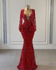 Prom Dress Elegent, Red Prom Dress, Long Prom Dresses, Long Sleeve Lace Mermaid Evening Gowns