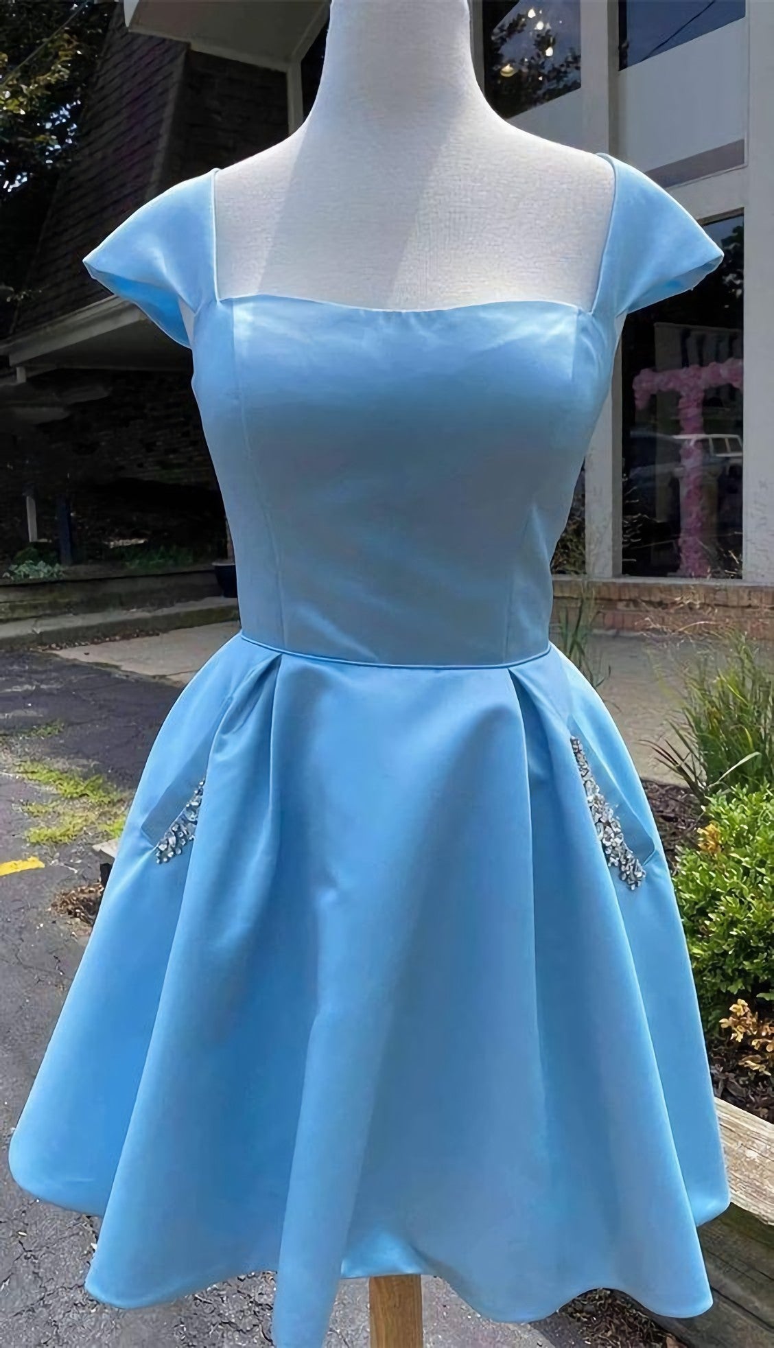 Prom Dresses Sweetheart, Cap Sleeves Light Blue Satin Short Homecoming Dress, With Beaded Bodice