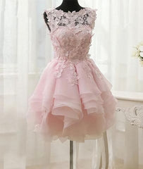 Prom Dress Affordable, Pink Appliques Organza Tiered Short Homecoming Dress, Simple Homecoming Dresses