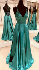 Homecomming Dress Vintage, Simple A Line V Neck Teal Long Prom Dress, With Lace Up Back