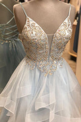Prom Dresses 2027 Cheap, A Line Spaghetti Straps Light Sky Blue Short Homecoming Dress, With Beading
