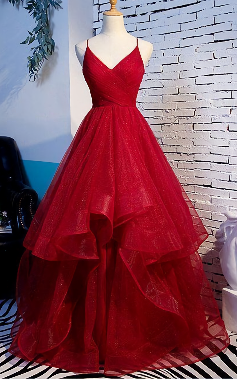 Prom Dress 2020, Elegant Tulle Red Straps Prom Dress, A Line Prom Dresses, Long Evening Dress, Burgundy Prom Dress