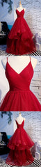 Prom Dresses Dresses, Elegant Tulle Red Straps Prom Dress, A Line Prom Dresses, Long Evening Dress, Burgundy Prom Dress