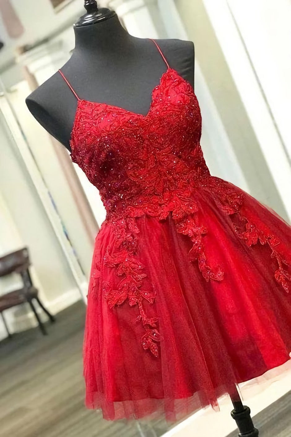 Prom Dresses Cute, Straps Lace Appliqued Red Short Homecoming Dress