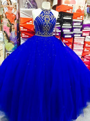Prom Dress For Sale, Royal Blue Halter Tulle Quinceanera Dresses, Elegant Ball Gown Prom Dresses, Sweet 16 Prom Dress