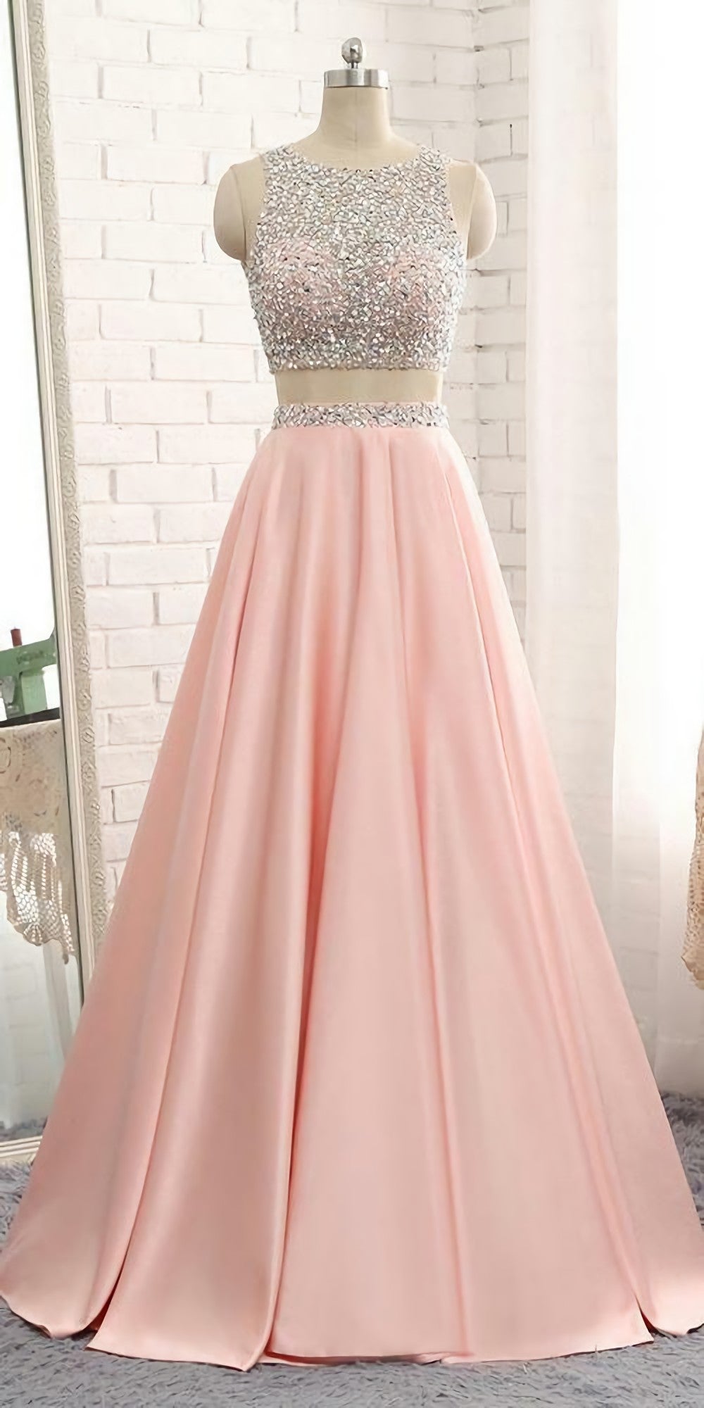 Prom Dresses 2027, 2 Pieces Beaded 2024  Sequins Open Back Prom Dresses, Long Two Pieces School Dance Dress