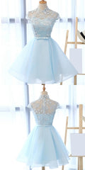 Prom Dress Boutique, Chic Light Sky Blue Homecoming Dress, Tulle High Neck Homecoming Dress, Party Dress