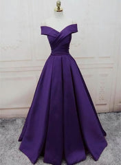 Homecoming Dress Idea, Dark Purple Off Shoulder Satin Long Formal Gown Prom Dresses