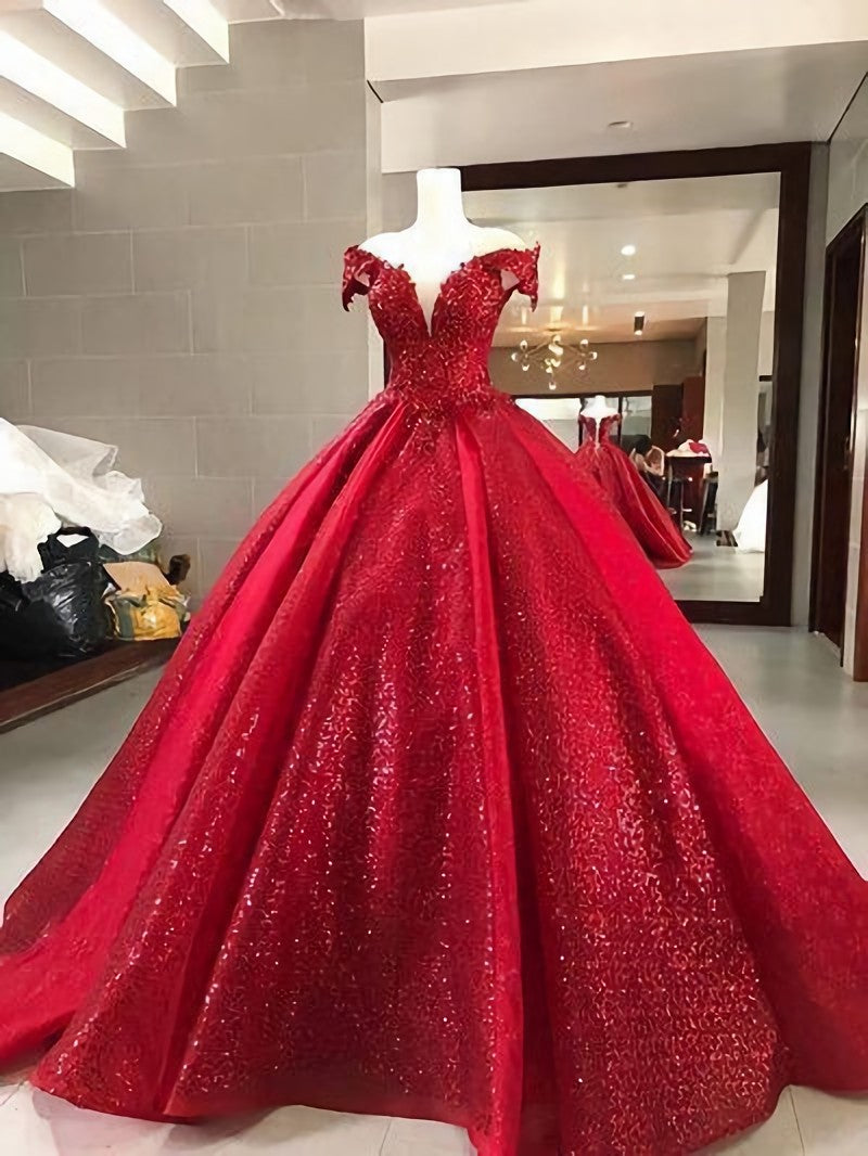 Evening Dresses, Elegant Red Ball Gown Sparkly Sequin Quinceanera Prom Dresses