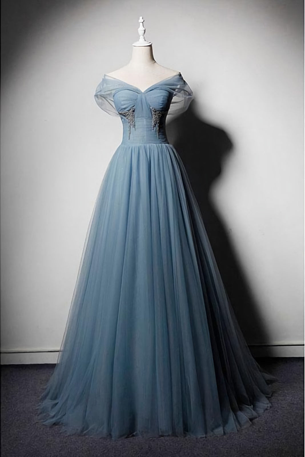 Homecoming Dress Blue, Blue Tulle V Neck Off Shoulder Long Senior Prom Dress, Evening Dress
