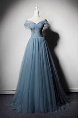 Homecoming Dress Blue, Blue Tulle V Neck Off Shoulder Long Senior Prom Dress, Evening Dress