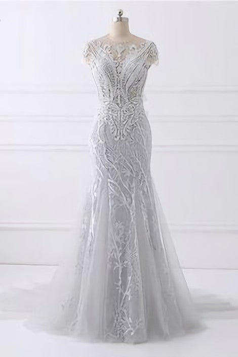 Homecoming Dress 2029, Spring Gray Tulle Long Mermaid Prom Dress, Beaded Lace Evening Gown