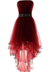 Prom Dresses For Curvy Figures, Wine Red Homecoming Dress, Burgundy High Low Party Dress with Beadings