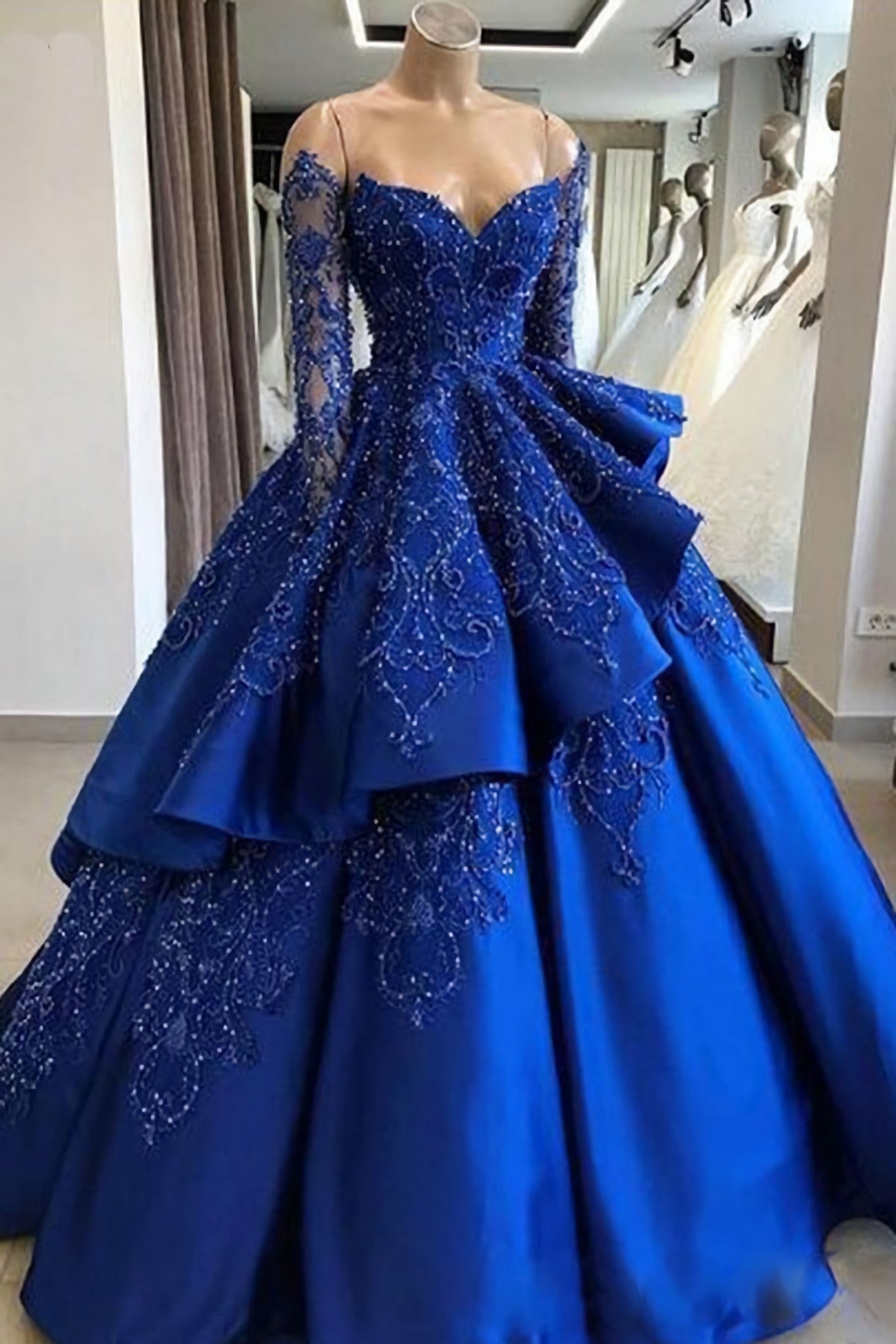 Homecoming Dress 2028, Unique Blue Lace Long Prom Dress, Blue Long Evening Dress