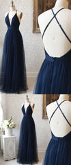 Prom Dress Shopping, A Line V Neck Navy Blue Backless Prom Dresses, Dark Navy Blue Backless Tulle Evening Formal Dresses