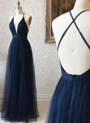 Prom Dress Inspiration, A Line V Neck Navy Blue Backless Prom Dresses, Dark Navy Blue Backless Tulle Evening Formal Dresses