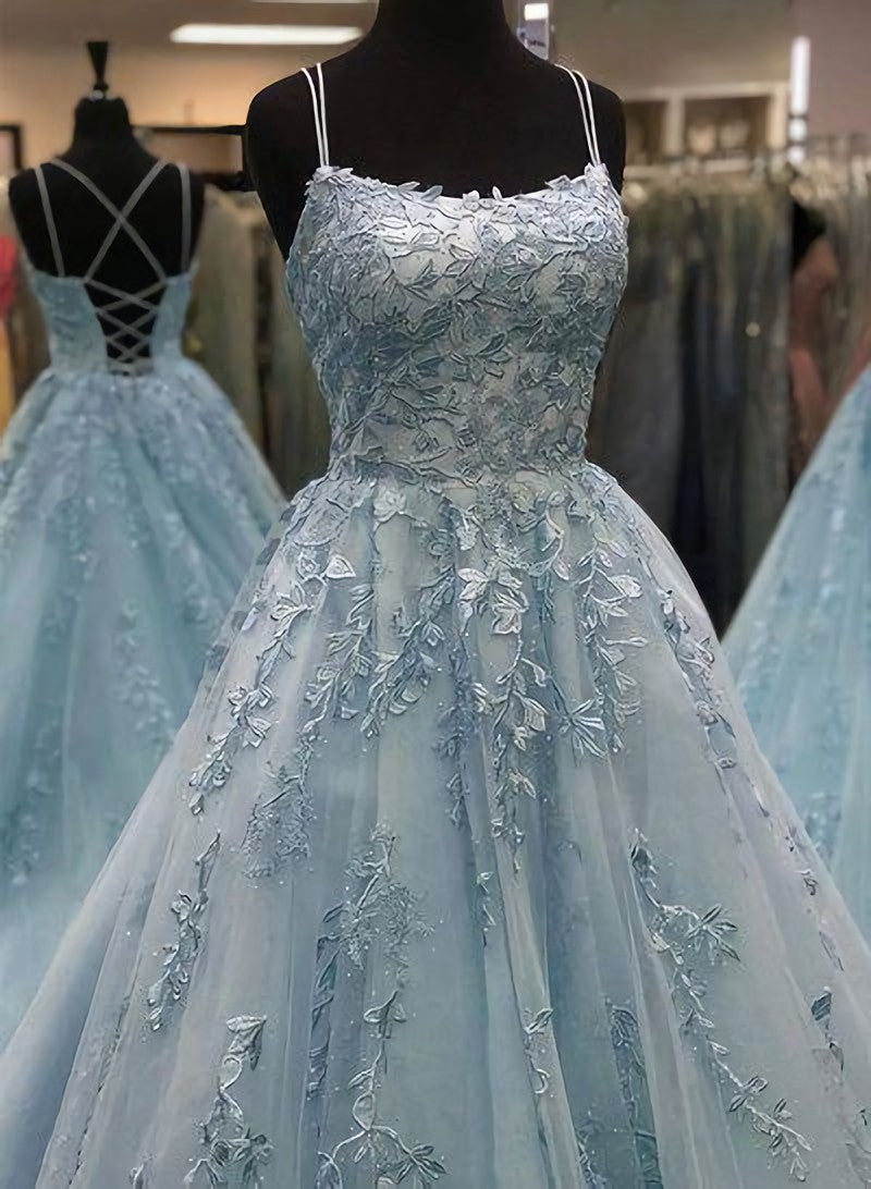 Homecoming Dresses Websites, Beautiful A Line Spaghetti Straps Blue Long Prom Evening Dresses, With Appliques