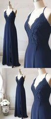 Spaghetti Straps Floor Length Navy Blue Lace Prom Dresses, Navy Blue Lace Formal Evening Bridesmaid Dresses