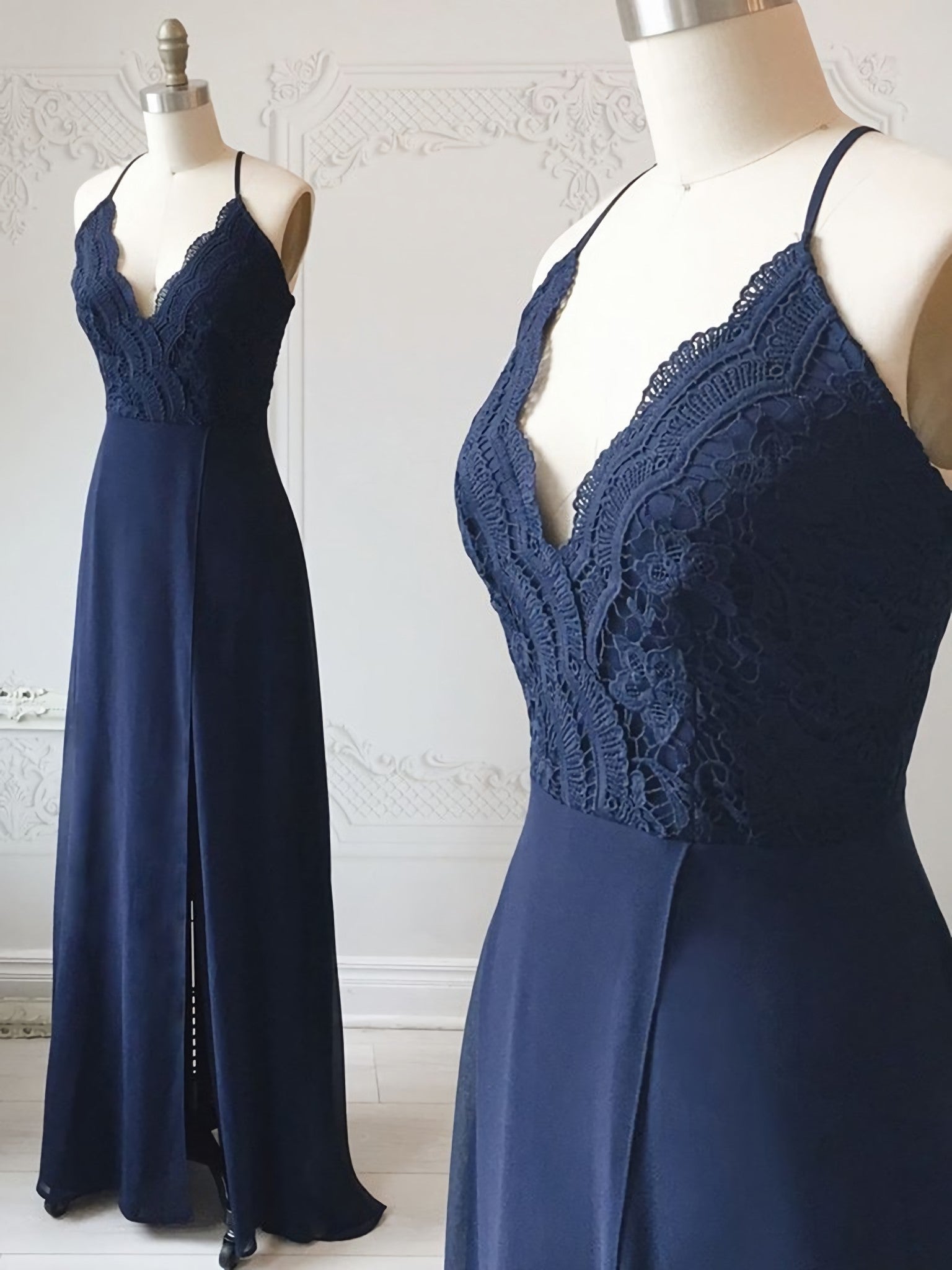 Prom Dress Elegant, Spaghetti Straps Floor Length Navy Blue Lace Prom Dresses, Navy Blue Lace Formal Evening Bridesmaid Dresses