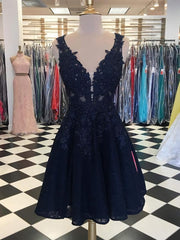 Prom Dress Piece, Dark Navy Lace Beading Sleeveless Illusion Homecoming Dresses