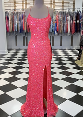 Homecoming Dresses 2027, Spaghetti Straps Coral Pink Sequin Mermaid Prom Dress, With Slit