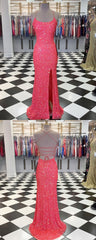 Homecoming Dress Elegant, Spaghetti Straps Coral Pink Sequin Mermaid Prom Dress, With Slit