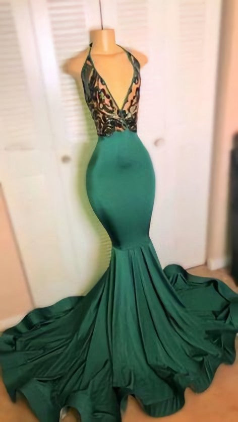 Homecoming Dress Short Tight, Pine Green Halter Plunging V Neck Sequin Court Long Train Mermaid Prom Dress