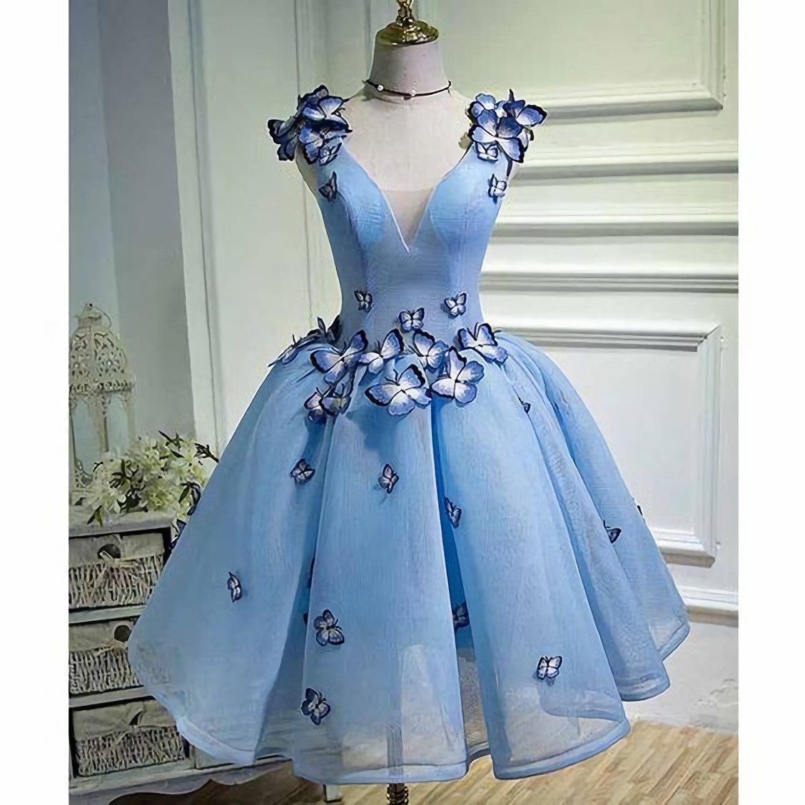 Prom Dress Long Elegent, Sky Blue Butterfly Short Homecoming Dress, Party Dresses