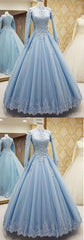 Prom Dress Cheap, Blue Tulle High Neck Customize Formal Evening Dress, With Long Sleeves