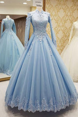 Prom Dresses Unique, Blue Tulle High Neck Customize Formal Evening Dress, With Long Sleeves