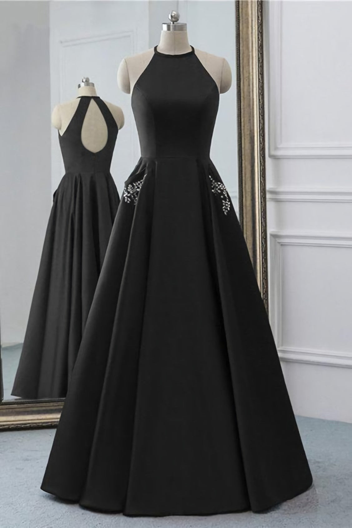 Homecomming Dresses Blue, Simple Black Satin Open Back Long O Neck Prom Dress, Evening Dress