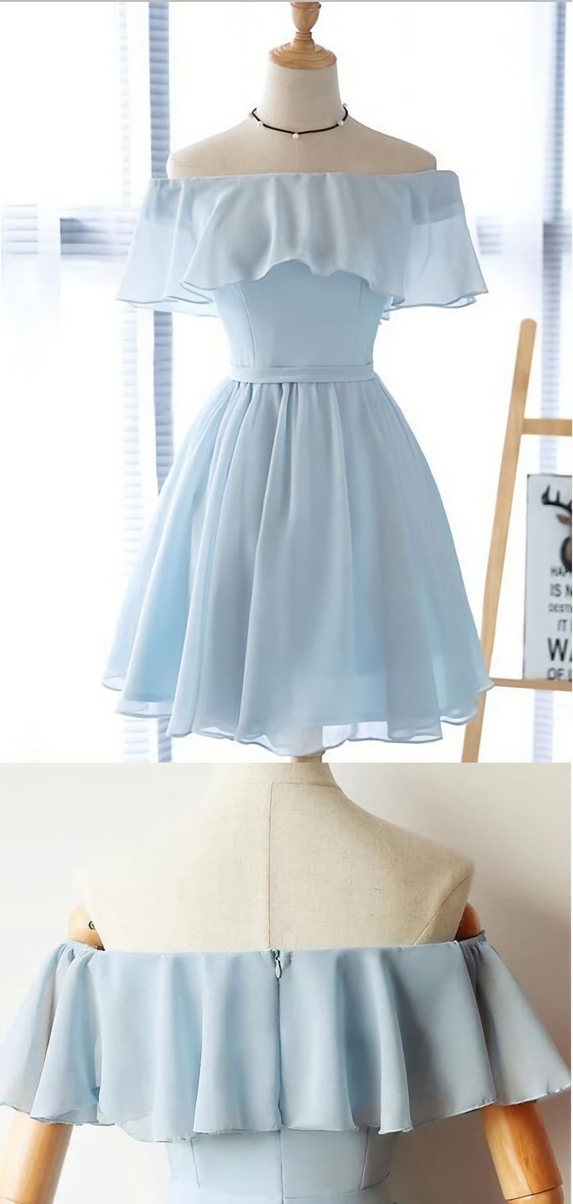 Prom Dress Sweetheart, Simple Off The Shoulder Light Blue Chiffon A Line Short Homecoming Dress