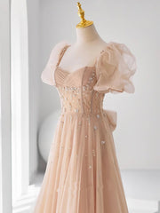 Dinner Dress Classy, Chamapgne Beaded Short Sleeves Tulle A-line Prom Dress, Champagne Party Dress