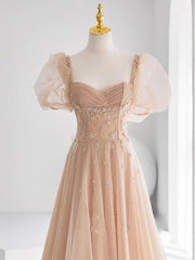 Fancy Outfit, Chamapgne Beaded Short Sleeves Tulle A-line Prom Dress, Champagne Party Dress