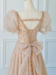 Party Dress Midi With Sleeves, Chamapgne Beaded Short Sleeves Tulle A-line Prom Dress, Champagne Party Dress