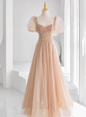 Prom 2031, Chamapgne Beaded Short Sleeves Tulle A-line Prom Dress, Champagne Party Dress