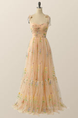 Bridesmaid Dress Online, Champagne A-line Embroidered Long Formal Gown