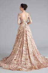 Formal Dresses Nearby, A-Line Luxury Sequins Long Sleeve Backless Prom Dresses