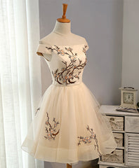 Evening Dress With Sleeves Uk, Champagne A-Line Tulle Short Prom Dress, Homecoming Dress