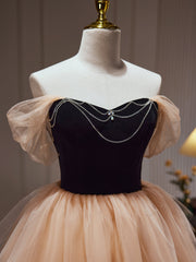 Bridesmaids Dresses Fall Colors, Champagne and Black Sweetheart Short Formal Dress, Tulle Homecoming Dress