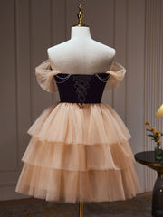 Bridesmaid Dress Fall Colors, Champagne and Black Sweetheart Short Formal Dress, Tulle Homecoming Dress